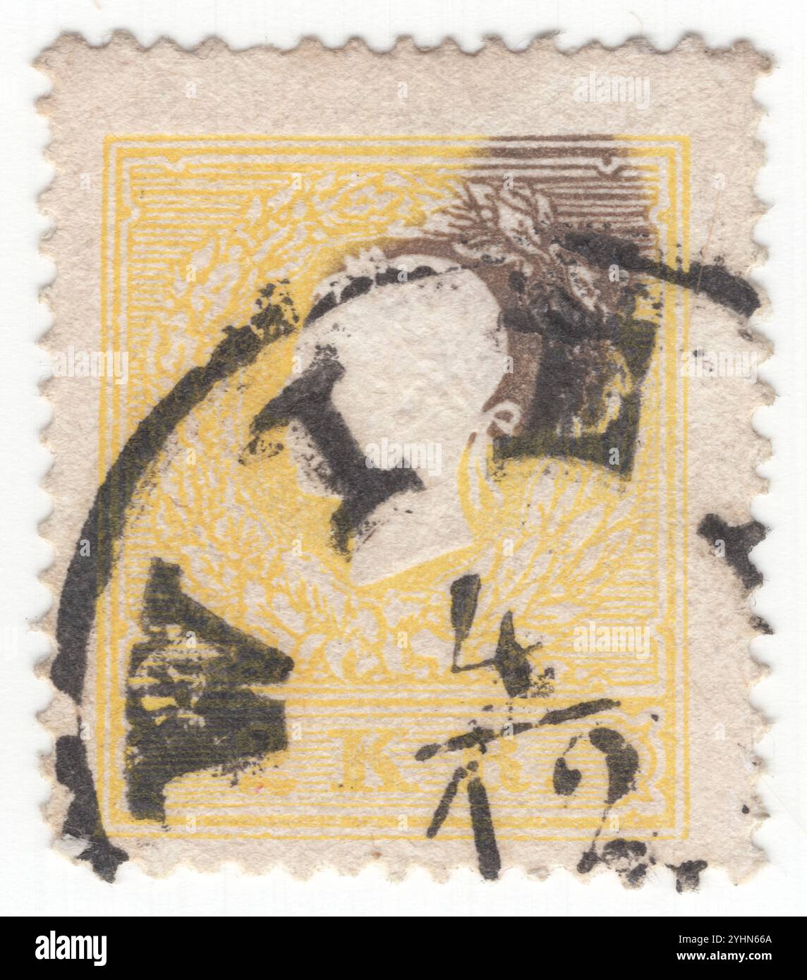 ÖSTERREICH — 1858: 2 gelbe Briefmarke mit geprägtem Porträt des jungen österreichischen Monarchen Kaiser Franz Josef. Franz Joseph I. oder Franz Joseph I. war vom 2. Dezember 1848 bis zu seinem Tod am 21. November 1916 Kaiser von Österreich, König von Ungarn und den anderen staaten der Habsburgermonarchie. Zu Beginn seiner Regierungszeit wurden seine Reiche und Gebiete als Österreichisches Reich bezeichnet, wurden aber 1867 als Doppelmonarchie des Österreichisch-Ungarischen Reiches wiederaufgebaut. Vom 1. Mai 1850 bis zum 24. August 1866 war Franz Joseph auch Präsident des Deutschen Bundes Stockfoto