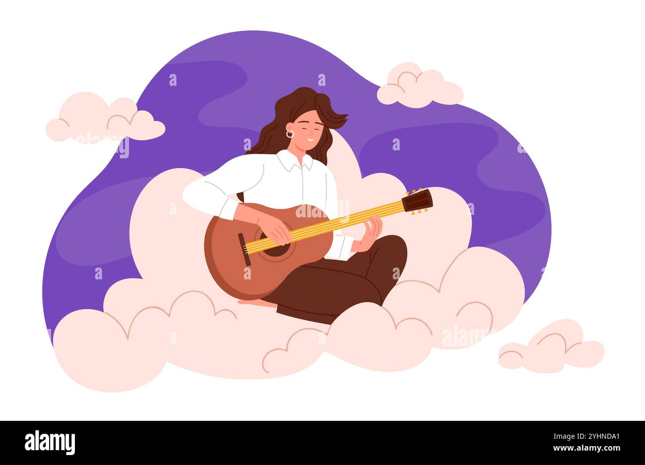 Glückliche Frau, die Gitarre spielt, auf Wolken sitzt und eine gute Stimmung von Musik hat. Niedliche weibliche Gitarristin, die akustische Gitarre hält, um romantische Melodie zu spielen, lächelnd in positiver Stimmung Cartoon Vektor Illustration Stock Vektor