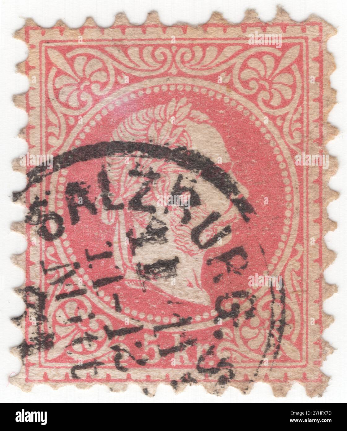 ÖSTERREICH — 01. Juni 1867: 5 Kreuzrosen-Briefmarke mit geprägtem Porträt des österreichischen Kaisers Franz Josef. Franz Joseph I. oder Franz Joseph I. war vom 2. Dezember 1848 bis zu seinem Tod am 21. November 1916 Kaiser von Österreich, König von Ungarn und den anderen staaten der Habsburgermonarchie. Zu Beginn seiner Regierungszeit wurden seine Reiche und Gebiete als Österreichisches Reich bezeichnet, wurden aber 1867 als Doppelmonarchie des Österreichisch-Ungarischen Reiches wiederaufgebaut. Vom 1. Mai 1850 bis zum 24. August 1866 war Franz Joseph auch Präsident des Deutschen Bundes Stockfoto