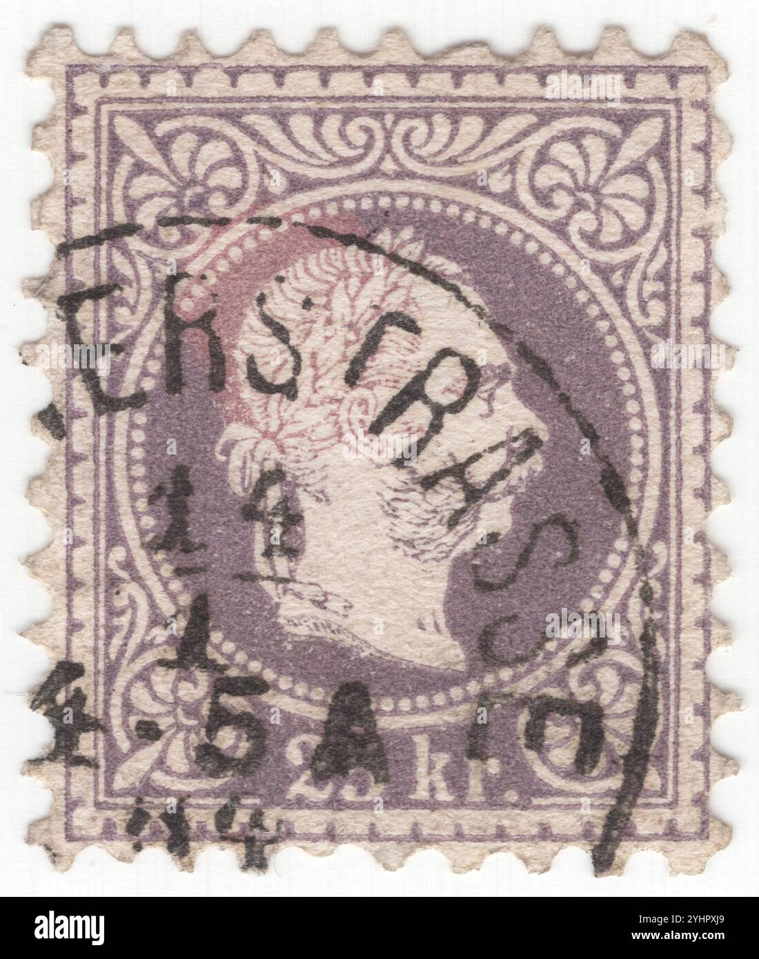 ÖSTERREICH — 01. September 1867: 25 Kreuzkreuzer braun-violette Briefmarke mit geprägtem Porträt des österreichischen Monarchen Kaiser Franz Josef. Franz Joseph I. oder Franz Joseph I. war vom 2. Dezember 1848 bis zu seinem Tod am 21. November 1916 Kaiser von Österreich, König von Ungarn und den anderen staaten der Habsburgermonarchie. Zu Beginn seiner Regierungszeit wurden seine Reiche und Gebiete als Österreichisches Reich bezeichnet, wurden aber 1867 als Doppelmonarchie des Österreichisch-Ungarischen Reiches wiederaufgebaut. Vom 1. Mai 1850 bis zum 24. August 1866 war Franz Joseph auch Präsident des Deutschen Bundes Stockfoto