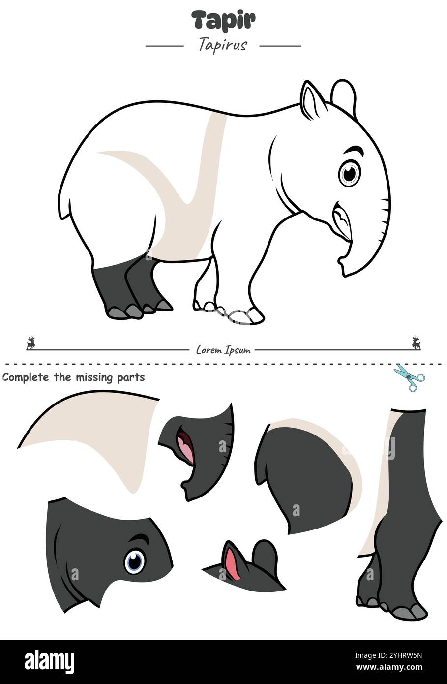 Spiel für Kinder mit Tapir schneiden und einfügen Stock Vektor