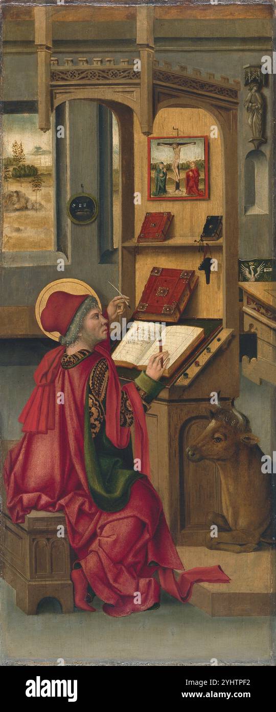 Titel: Sankt Lukas der evangelische Künstler: Gabriel Mälesskircher Jahr: 1478 Medium: Öl auf Platte Abmessungen: 77 x 32,2 cm Ort: Museo Nacional Thyssen-Bornemisza, Madrid Stockfoto
