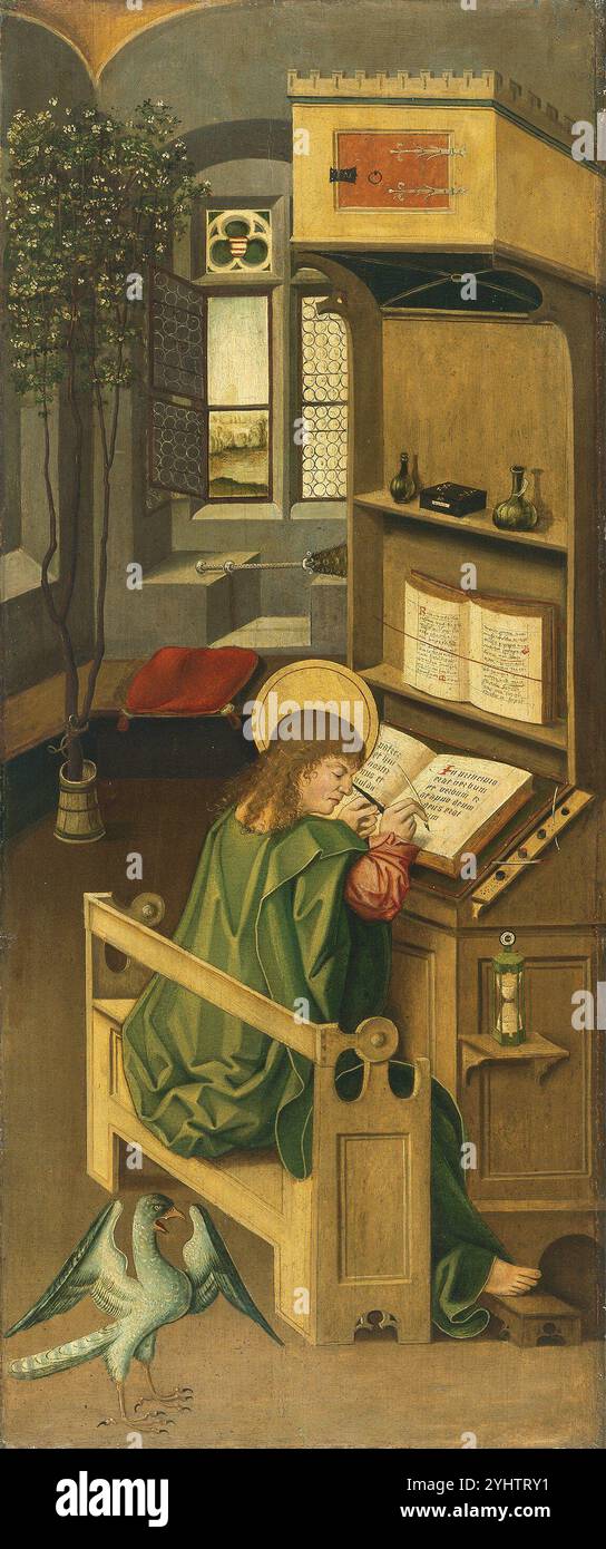 Titel: Johannes der Evangelist Künstler: Gabriel Mälesskircher Jahr: 1478 Medium: Öl auf Platte Abmessungen: 77,2 x 32,2 cm Ort: Museo Nacional Thyssen-Bornemisza, Madrid Stockfoto