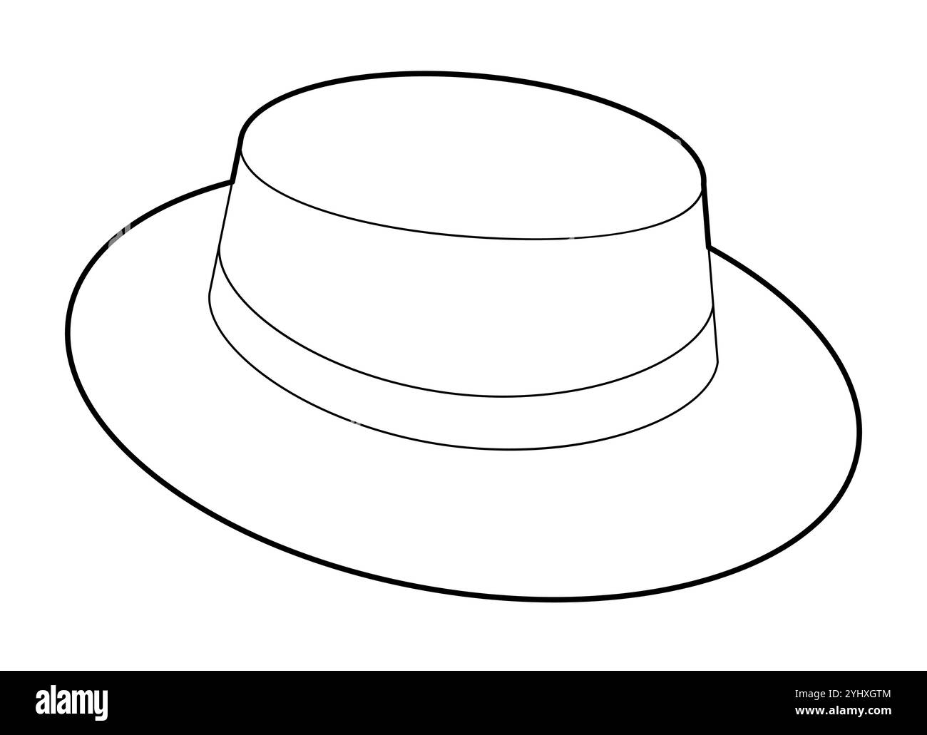 Bootsmütze Canotier. Bolero Sombrero Kopf Mode Accessoire Cap Kleidung technische Illustration. Vektor-Kopfbedeckung für Männer, Frauen, Unisex-Stil, flache Vorlage CAD-Modell Skizze Umriss isoliert Stock Vektor