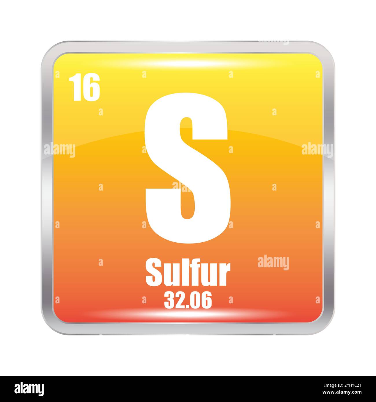 Schwefelelement. Atomsymbol S. Atomzahl sechzehn. Masse 32.06. Stock Vektor
