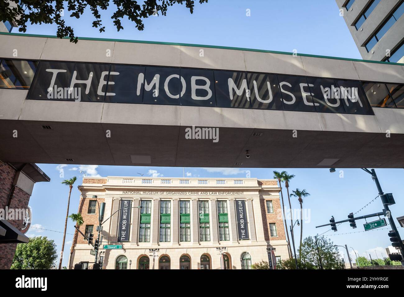LAS VEGAS, 21. AUGUST 2024: Eintritt in das Mob Museum in Las Vegas, Nevada, offiziell National Museum of Organized Crime and Law Enforcement, of Stockfoto
