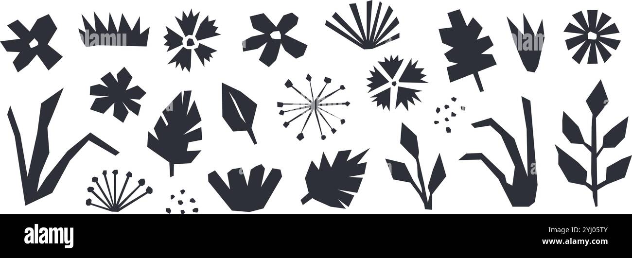 Die Kollektion „Organic Paper Elements“ ist ganz einfach. Schwarzes Set mit abstraktem Blumenmuster in Collage-Form. Kindergarten Pflanzen, Blumen, Blätter Bündel zur Dekoration, Poster, Banner, Druck. Kinder-Illustration-Paket. Vektor Stock Vektor