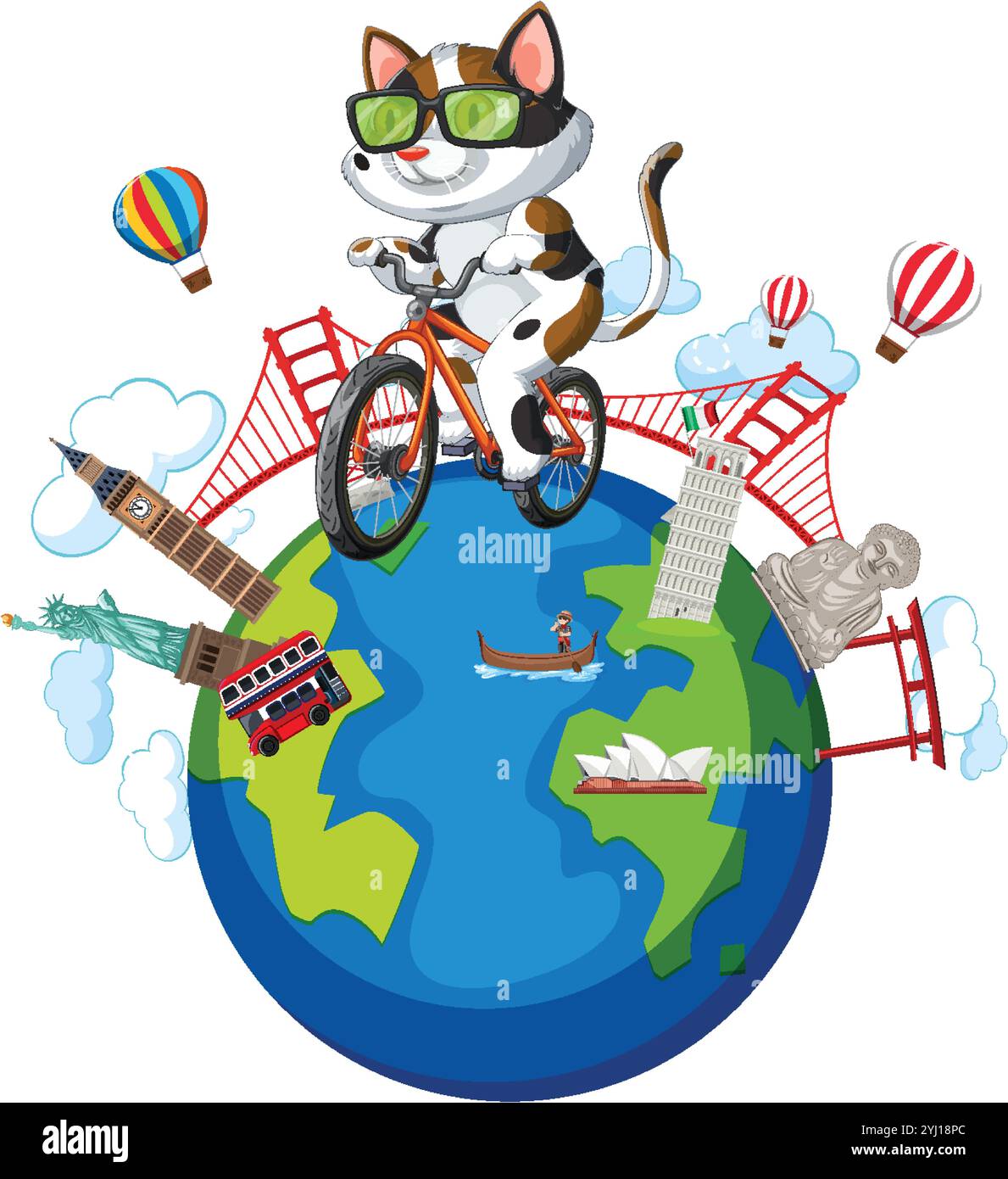 Katze fährt mit dem Fahrrad über berühmte globale Wahrzeichen Stock Vektor