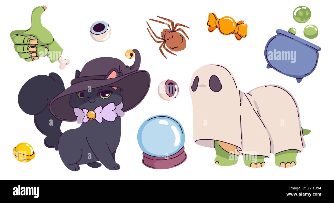 Halloween-Symbole auf weißem Hintergrund. Zeitgenössische Vektor-Karikaturillustration der schwarzen Katze im Hut, Dinosaurier im Geisterkostüm, knöcherne grüne Monsterhand, kochender Kessel, Spinne, Süßigkeiten Stock Vektor