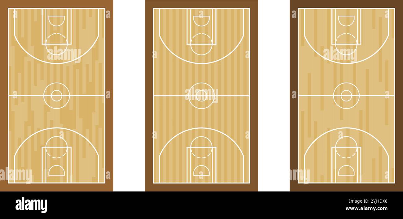 Basketballfußboden mit Holzfußboden. Basketballfeld Spielplatz Stadion Layout Vektor Illustration isoliert auf weißem Hintergrund Stock Vektor