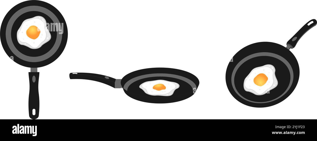 Spiegelei auf Bratpfanne Vektor-Set mit unterschiedlicher Ansicht. Vektorillustration isoliert auf weißem Hintergrund. Stock Vektor