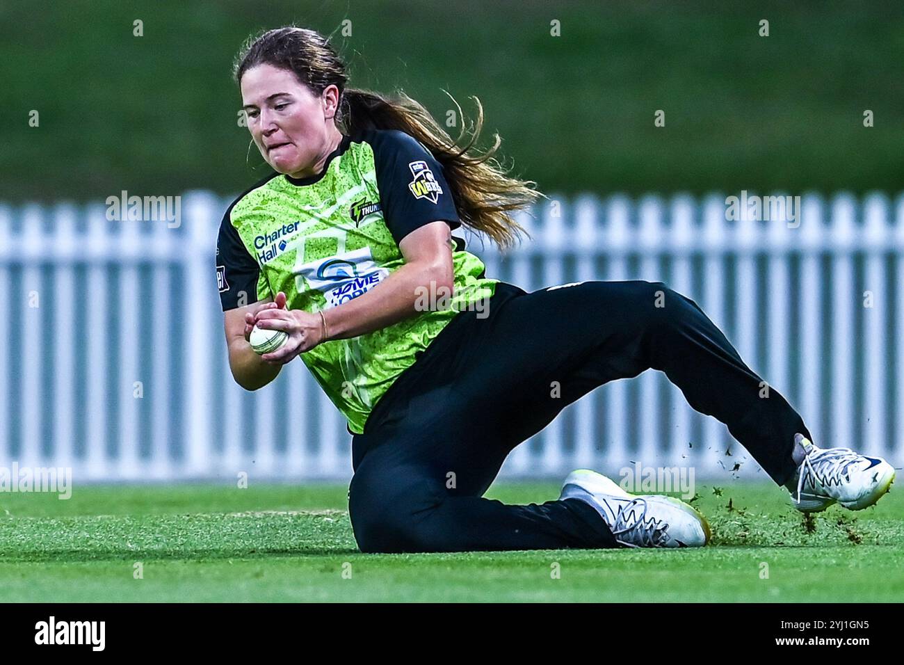 Sydney, Australien. November 2024. Hannah Darlington von Sydney Thunder nimmt den Fang, um Mikayla Hinkley von Perth Scorchers (nicht abgebildet) während des Women's Big Bash League Spiels zwischen Sydney Thunder und Perth Scorchers im Drummoyne Oval zu entlassen. Perth Scorchers gewann das Spiel der Women's Big Bash League gegen Sydney Thunder mit 74 Runs. Perth Scorchers: 171/7 (20 Overs), Sydney Donner: 97/10 (19,3 Overs). (Foto: Ayush Kumar/SOPA Images/SIPA USA) Credit: SIPA USA/Alamy Live News Stockfoto