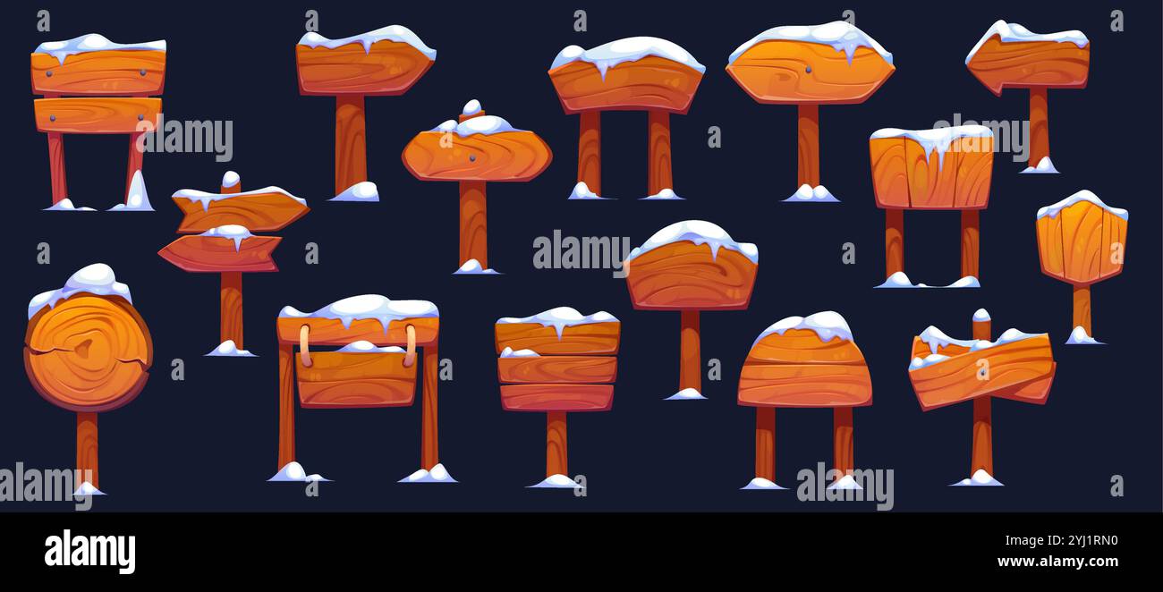 Winterweihnachtsschilder aus Holz mit Schnee. Zeichentrickvektorsatz von Holzschildern bedeckt mit Schnee, runden und rechteckigen Reklametafeln, Richtungspfeilen, Straßenschildern, Rahmen und Bannern auf Pfosten Stock Vektor