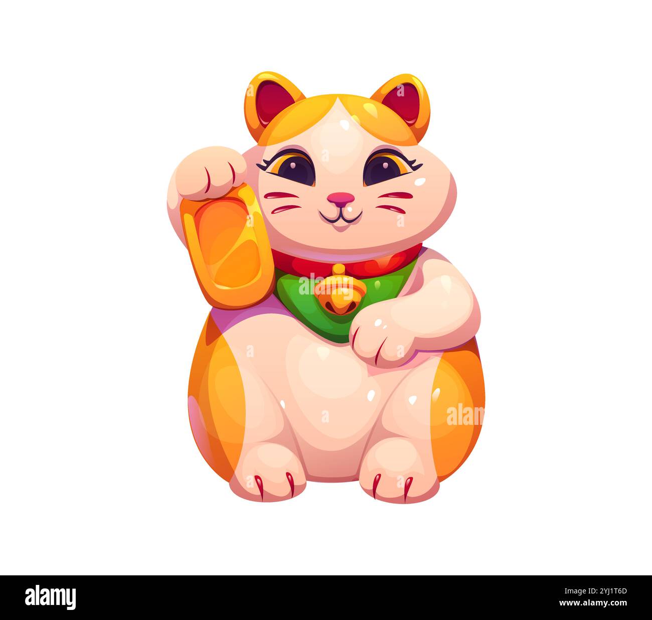 Cartoon Lucky Japanese Maneki Neko Katze. Isolierte Vektorstatue mit erhobener Pfote und freundlichem Ausdruck, mit einem hellgrünen Lätzchen und Glockenkragen. Symbol für Glück, Wohlstand, Kultur im Osten Japans Stock Vektor