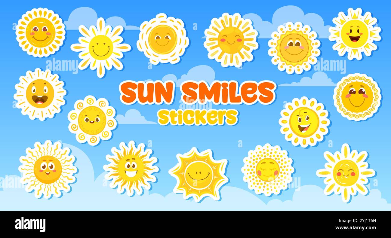 Cartoon lustige Sonne Zeichen Aufkleber Satz auf sonnigen blauen Himmel Vektor Hintergrund mit Wolken. Niedliche Sonnenfiguren mit fröhlichen Gesichtern, Lächeln und heißen Wellenstrahlen-Aufklebern. Sonniges Sommerwetter-Emoji Stock Vektor