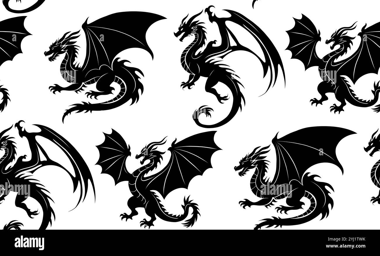 Nahtloses Vektor-Märchen-Muster mit schwarzer Silhouette von Drachen. Textur mit Schatten von Wyverns auf weißem Hintergrund. Tapete mit mythologischer Darstellung Stock Vektor