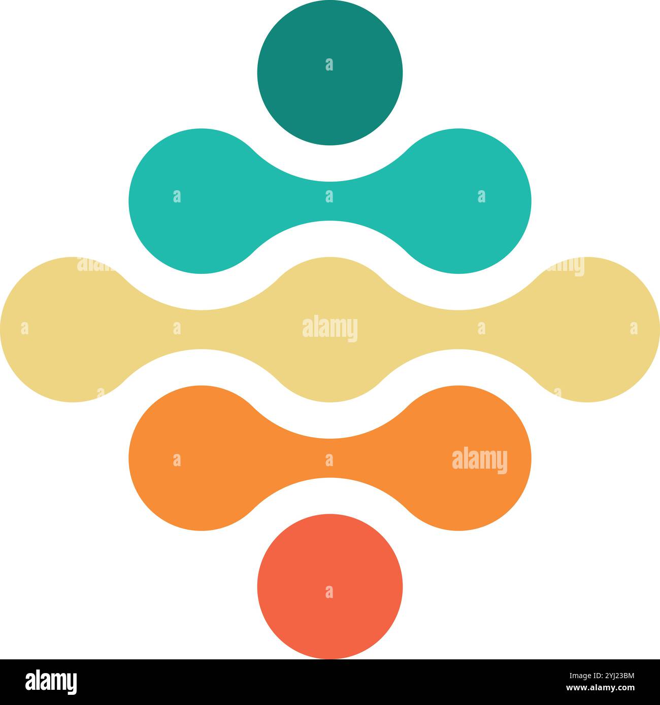 Ein kreatives Vektordesign zeigt eine Reihe farbenfroher, abgerundeter Formen, die in einem harmonischen Muster angeordnet sind. Das Design setzt in den Farben Petrol, Gelb, Orange und Rot eine moderne Ästhetik. Stock Vektor