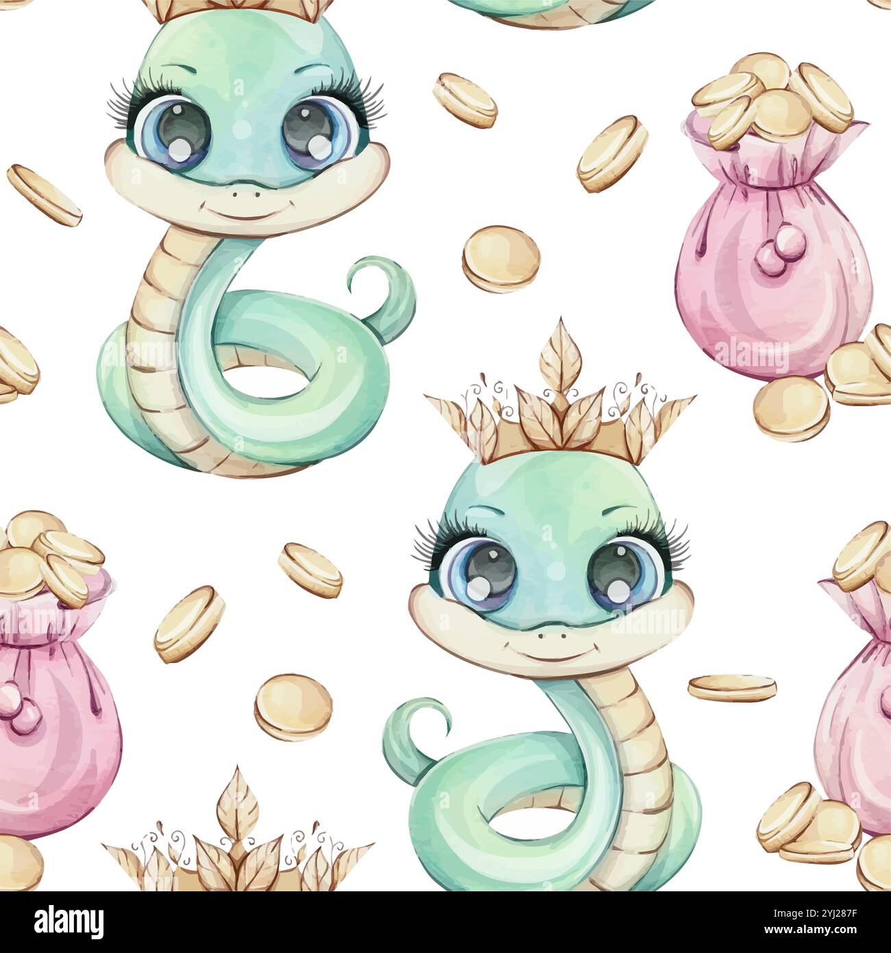 Grüne Schlangenprinzessin mit Krone unter rosafarbenen Taschen voller Goldmünzen nahtloses Aquarellmuster auf weißem Hintergrund. Symbol Reichtum des chinesischen Neujahrs Stock Vektor