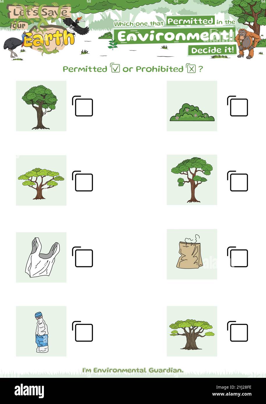 Checkliste Spiel gut für Umwelt Logik Spiel Müll und Pflanze oder Baum oder Natur für Kinder Stock Vektor