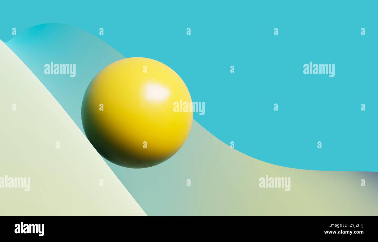 Eine gelbe Kugel ruht auf einer weißen Oberfläche vor einem zweifarbigen blauen Hintergrund und schafft eine minimalistische abstrakte Komposition. Stockfoto