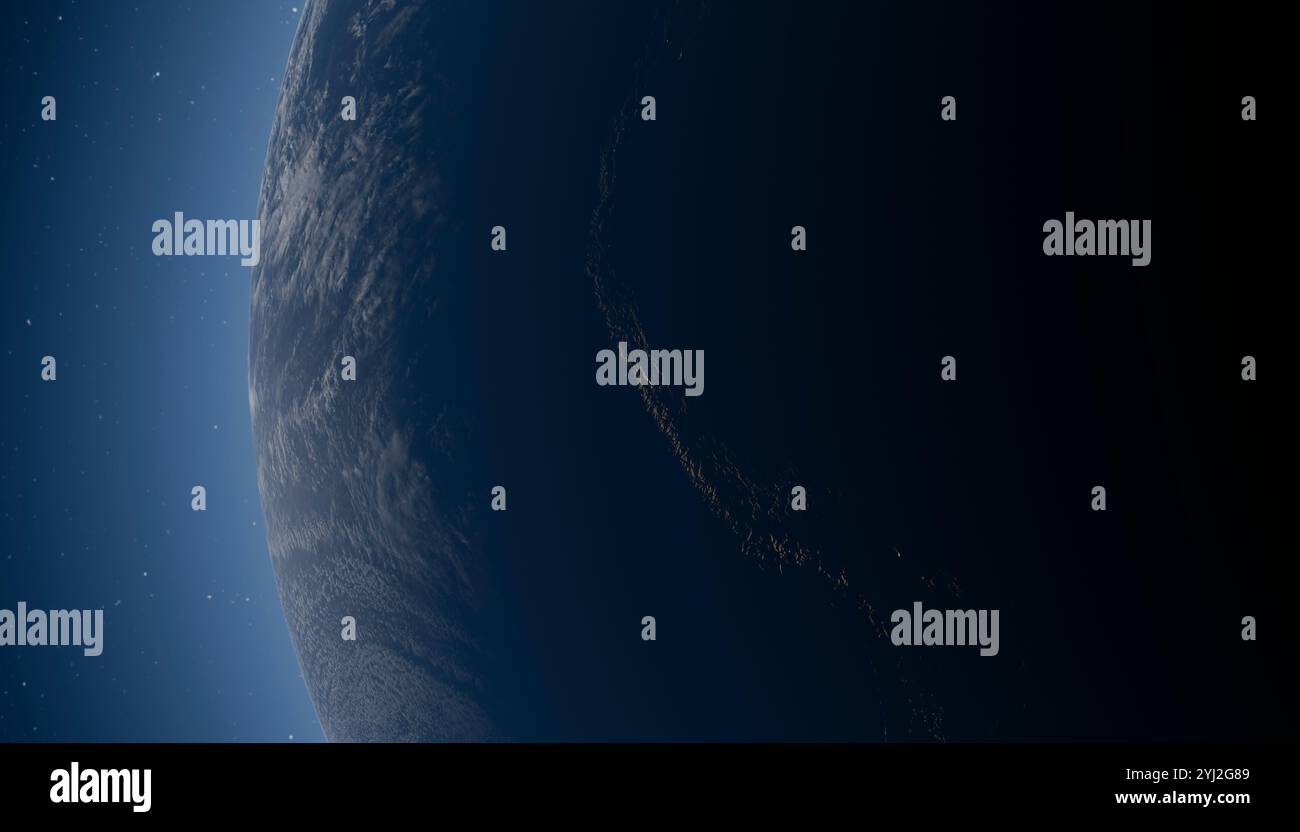 Illustration einer ruhigen Ansicht der Erde vom Weltraum aus, die die Krümmung des Planeten und die Schwärze des Weltraums vor einem sternenklaren Hintergrund zeigt. Stockfoto