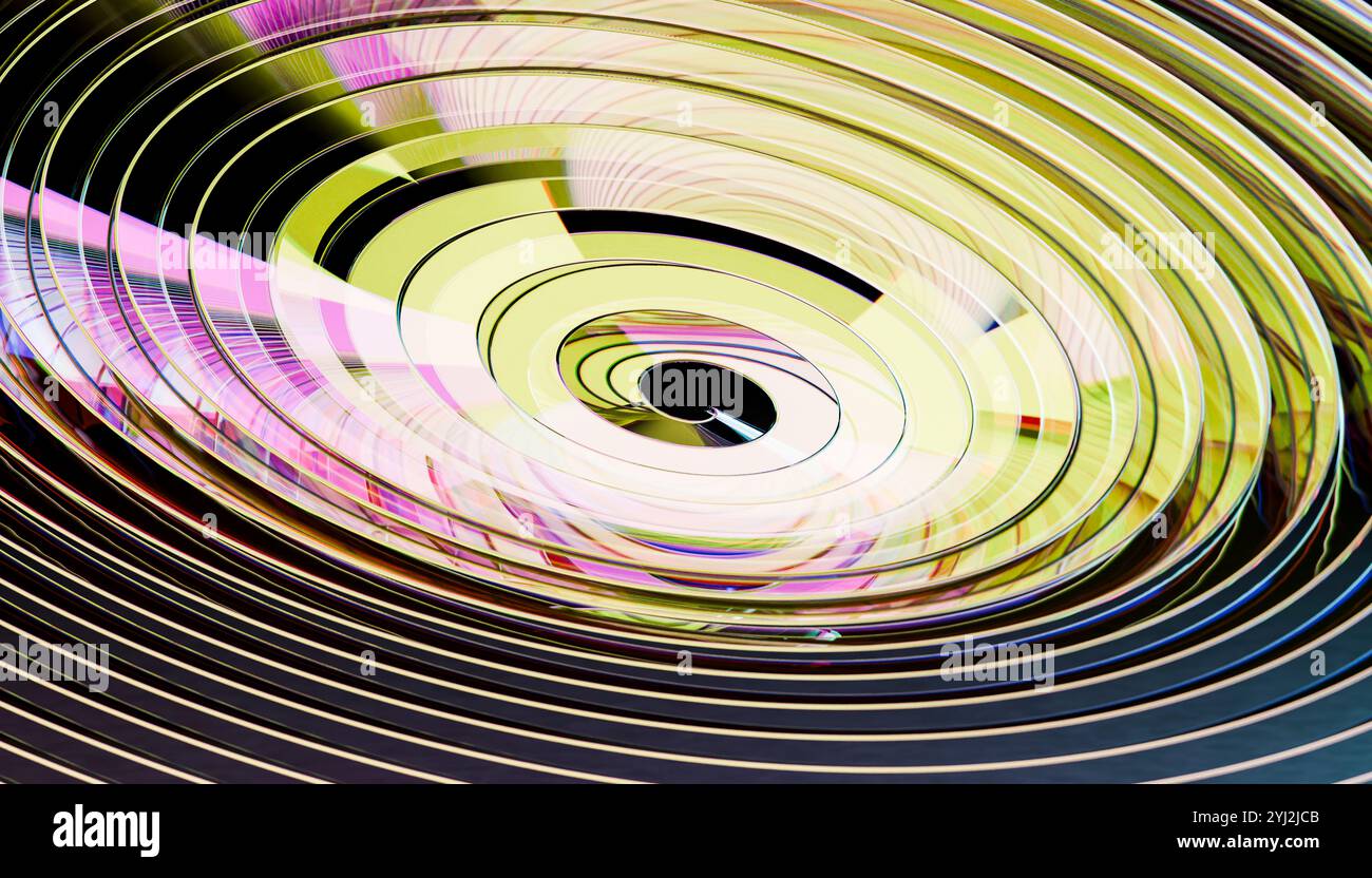 Abstraktes, wirbelndes Muster mit leuchtenden Farben und konzentrischen Kreisen auf dunklem Hintergrund. Stockfoto