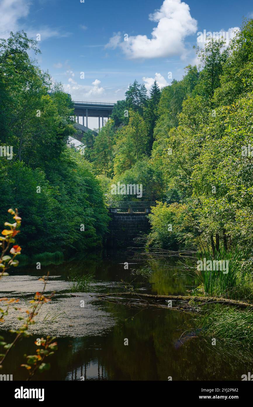 Ein ruhiger Fluss, gesäumt von dichter Vegetation, reflektiert den Himmel mit dramatischen Wolken. Im Hintergrund überquert eine Brücke die von Bäumen umrahmte Landschaft. Stockfoto
