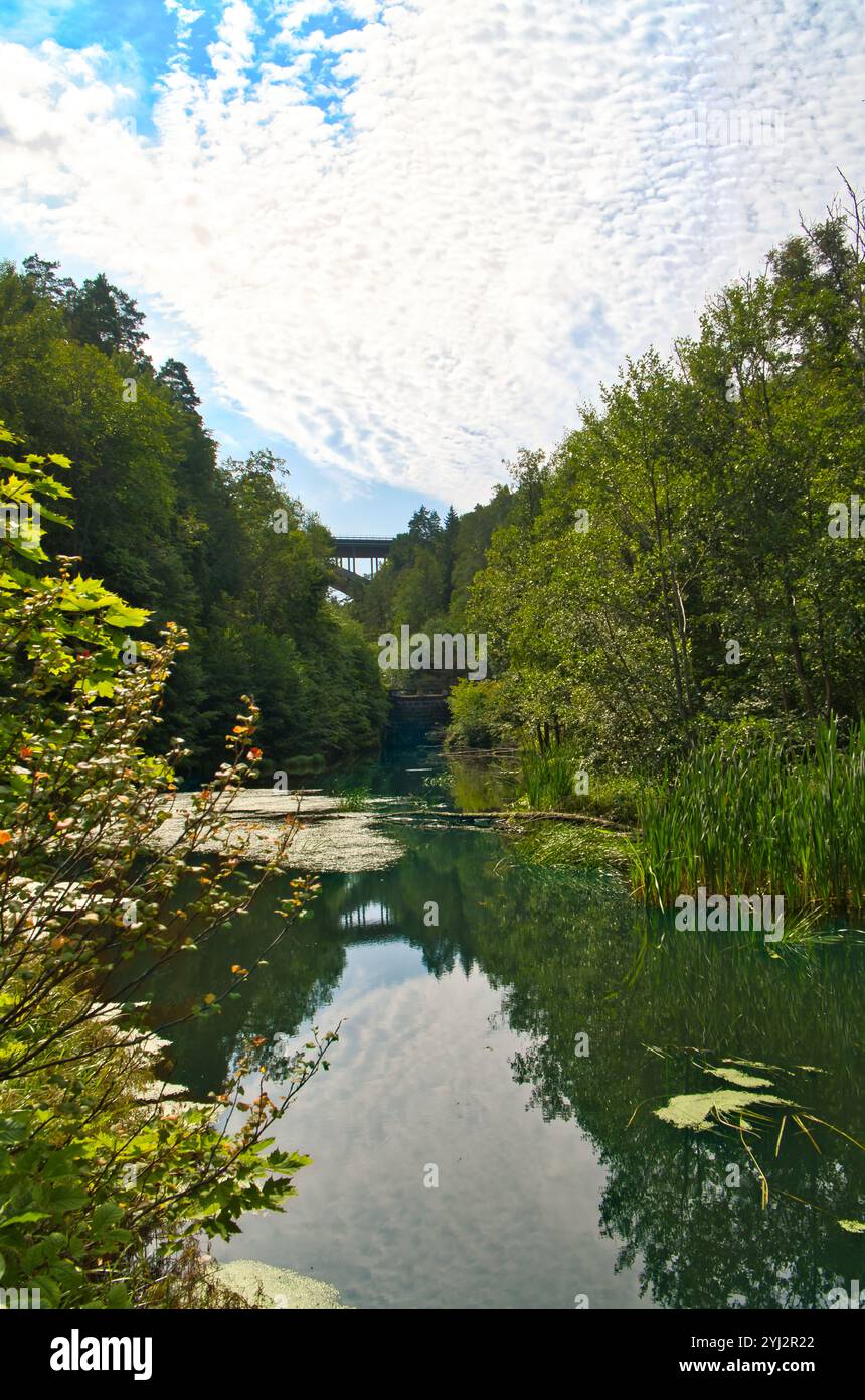 Ein ruhiger Fluss, gesäumt von dichter Vegetation, reflektiert den Himmel mit dramatischen Wolken. Im Hintergrund überquert eine Brücke die von Bäumen umrahmte Landschaft. Stockfoto