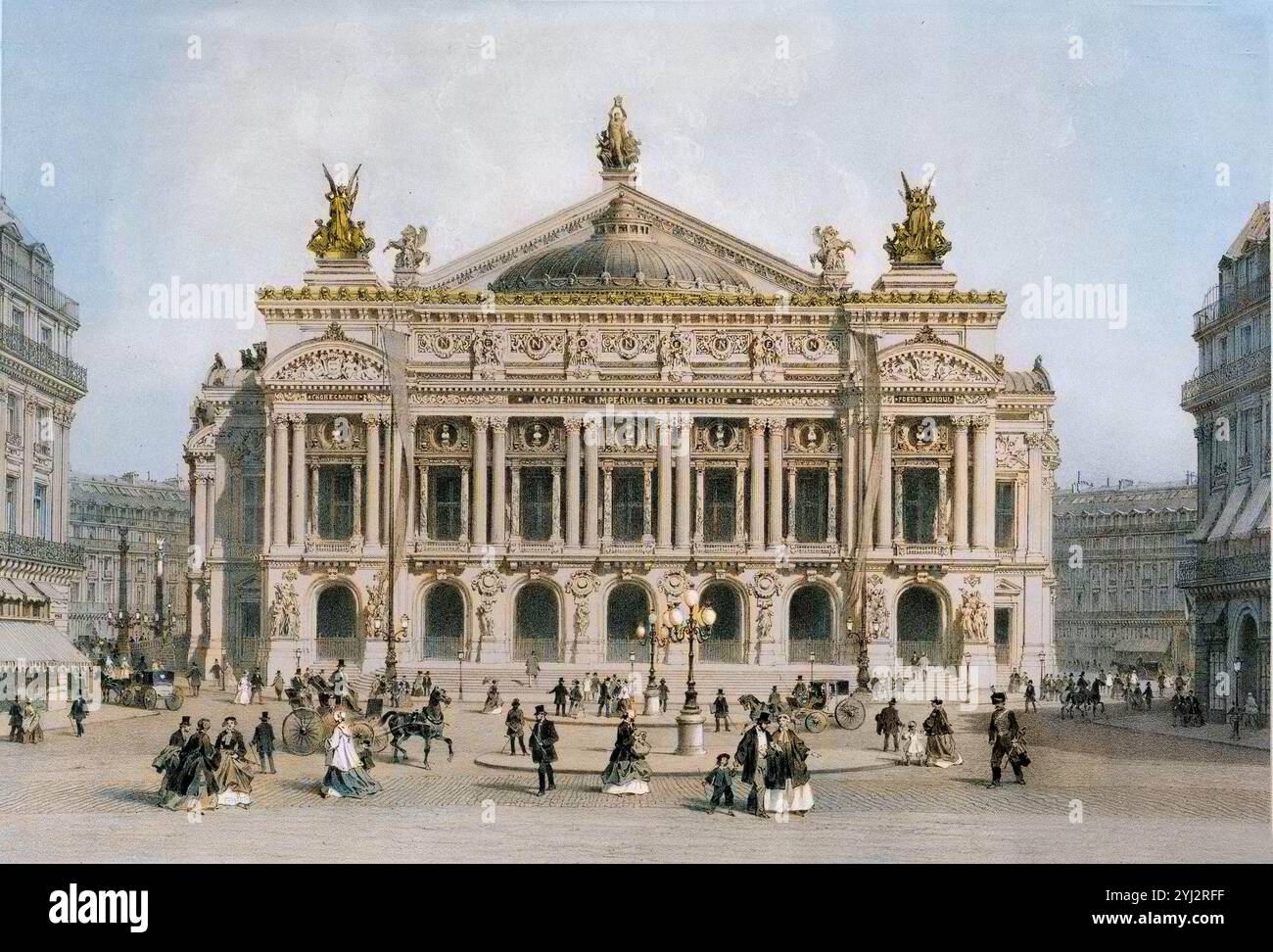 Blick auf die Fassade der Opéra Garnier in Paris - Stich aus dem 19. Jahrhundert Stockfoto