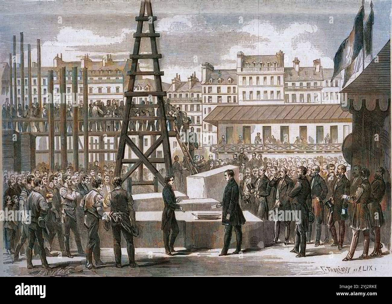 Wandlungen von Paris unter dem Zweiten Reich, Haussmannian Paris: Verlegung des ersten Steins der Garnier-Oper durch Staatsminister Joseph Alexandre Colonna (1810–1868), Graf Walewski, in Anwesenheit des Architekten Charles Garnier (1825–1898). 1862 Stockfoto