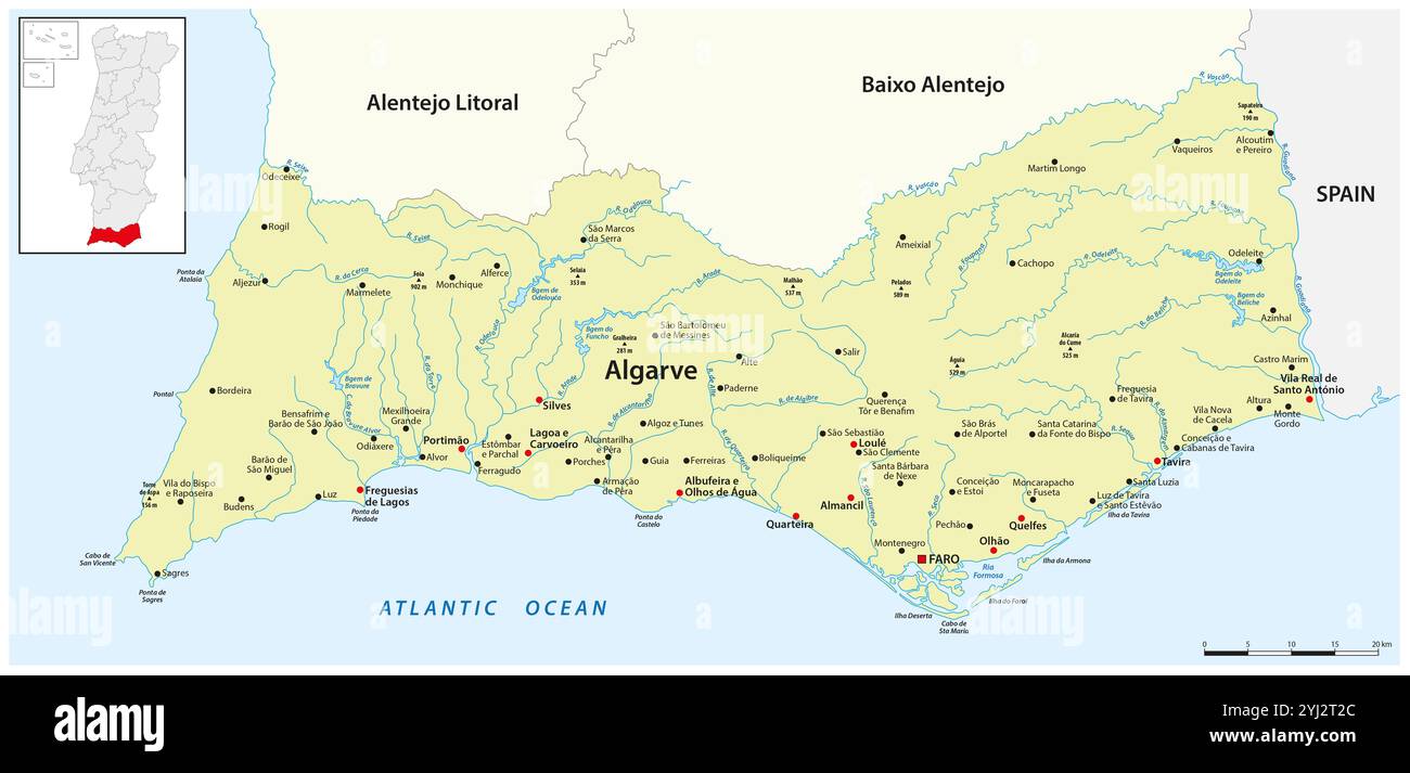 Vektorkarte der portugiesischen Region Algarve Stockfoto