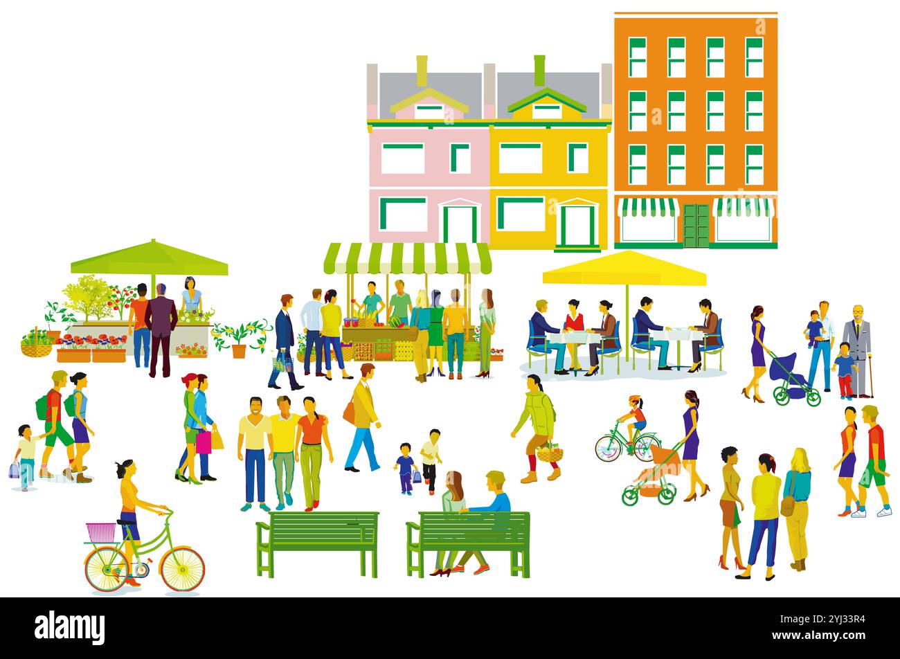 Stadtsilhouette mit Gruppen von Personen, die Freizeit in einem Wohnviertel haben, Illustration Stockfoto