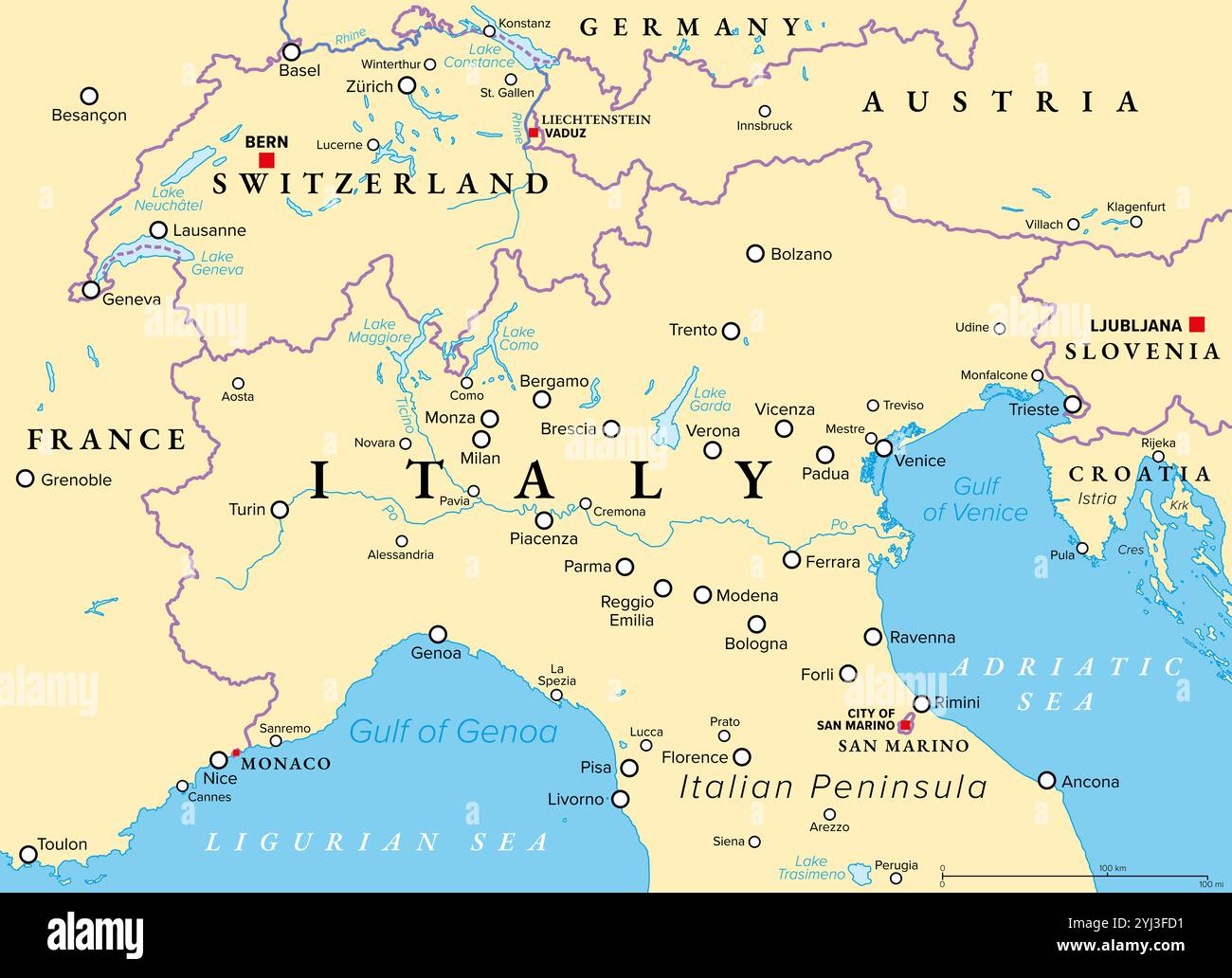 Norditalien, politische Karte. Geographische und kulturelle Region im nördlichen Teil Italiens, einem Land in Europa. Stockfoto