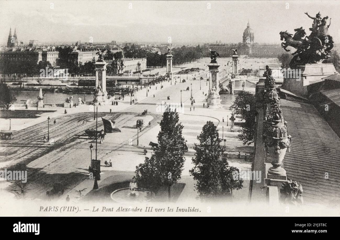 Vintage-Foto von Paris (VIIIe), der Alexandre III Brücke in Richtung der Invaliden. Frankreich. 1913 Stockfoto