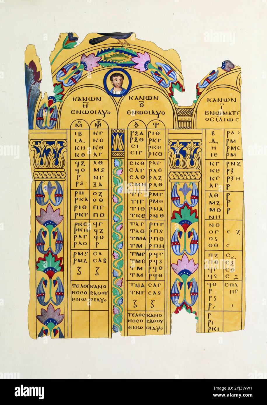 Design, Ornamente und Muster mittelalterlicher Manuskripte und Bücher. Antike griechische Handschrift. (Ein Byzantinisches Leuchtstück des Evangeliums auf Pergament aus dem 6. Oder 7. Jahrhundert.) Der Boden (aus Blättern) ist vollständig aus Gold, auf dem Säulen und Bögen gemalt sind, für den Empfang der Eusebian Canons, am elegantesten gefüllt mit Ornamenten und Mustern in Rot, Blau und Grün, während im oberen Teil kleine Köpfe der Evangelisten, in Kreisen gebrannt, in meisterhaftem Stil der Kunst ausgeführt werden. 1833 Stockfoto