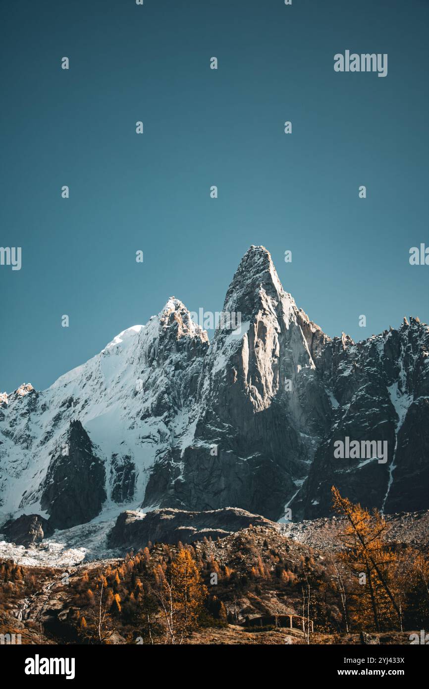 Hoch aufragende, schneebedeckte Gipfel, die sich über zerklüftetem Gelände erheben und in warmes Sonnenlicht getaucht sind, mit einem markanten Kontrast zum klaren blauen Himmel und den herbstlichen Bäumen Stockfoto