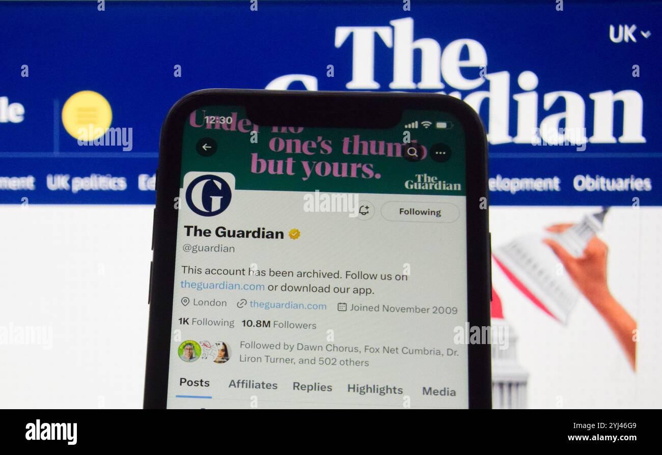 London, Großbritannien. November 2024. Der Guardian hat angekündigt, dass er keine Nachrichten mehr auf seinen Konten auf der Social-Media-Plattform X, ehemals Twitter, veröffentlicht und X als „giftige Medienplattform“ bezeichnet und mit „verstörenden Inhalten“ und Elon Musk die Website nutzt, um den politischen Diskurs zu gestalten“, einige der Gründe für ihre Entscheidung. Quelle: Vuk Valcic/Alamy Live News Stockfoto