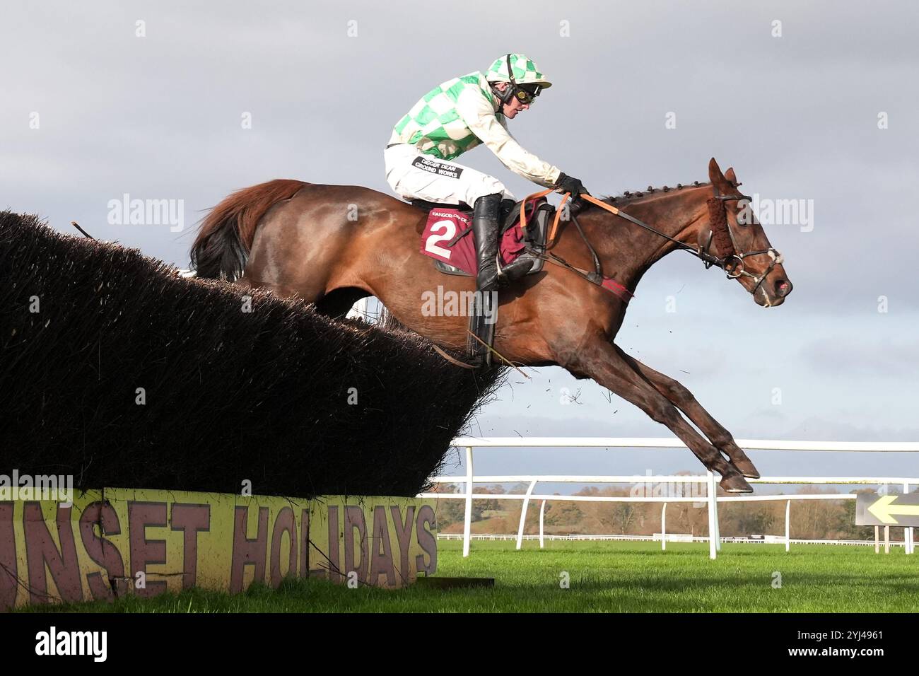 Celebre D'Allen wurde von Jockey Callum Pritchard auf dem Weg zum Gewinn der Portek Limited Handicap Chase auf der Rennbahn Bangor-on-Dee im Wrexham County Borough geritten. Bilddatum: Mittwoch, 13. November 2024. Stockfoto