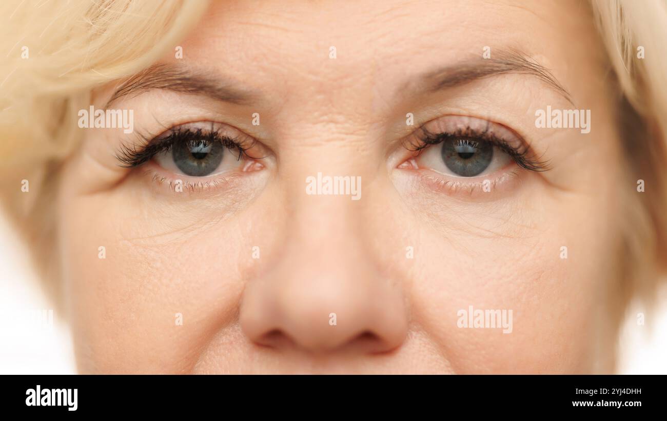 Nahaufnahme des weiblichen Auges, betont Falten und ruhigen, ruhigen Blick vor weißem Studiohintergrund. Wimpern und Augenbrauen. Stockfoto