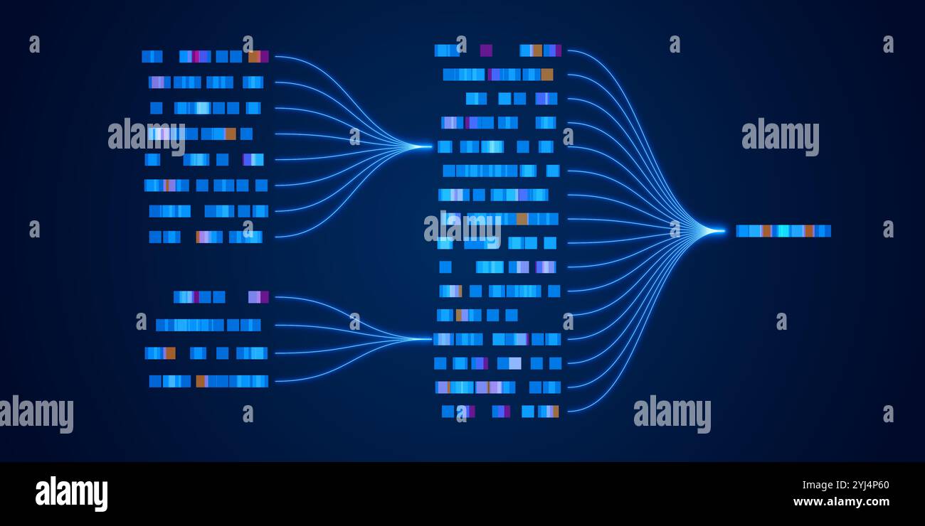 Daten- und KI-Konzept mit Big Data, neuronalen Netzwerken und Machine Learning Flow. Futuristische Darstellung von Analysen, Stream-Verarbeitung und Technologie Stockfoto