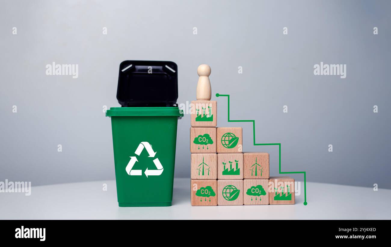 Holzpuppen zeigen das Konzept von Umweltschutz und Recycling, Abfallsortierung und Nachhaltigkeitskonzept, Recycling, nachhaltiges Wohnen und e Stockfoto