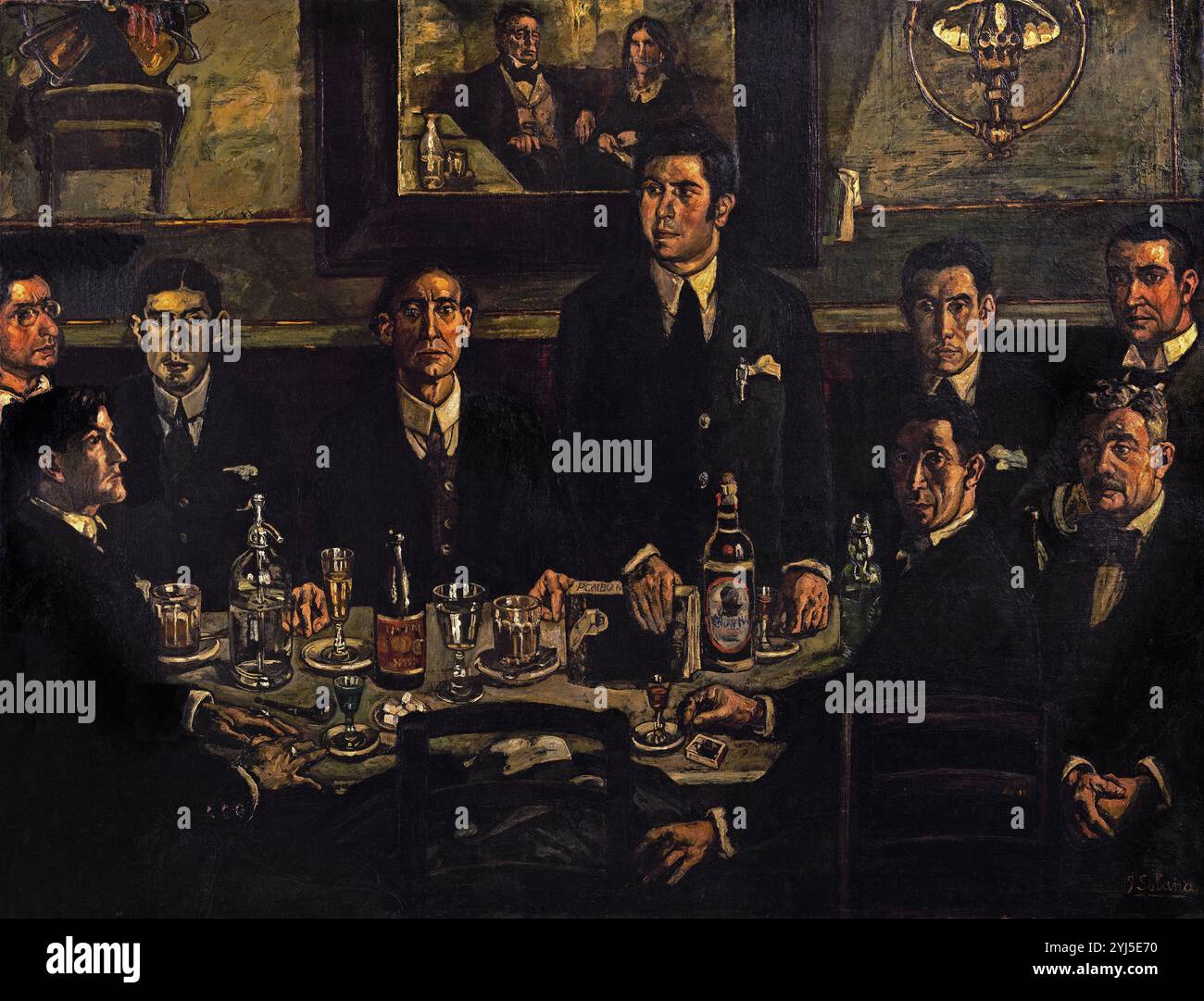 „The Gathering at the Café de Pombo“, 1920, Öl auf Leinwand, 161,5 x 211,5 cm, AS00915. VERFASSER: JOSE GUTIERREZ SOLANA (1886/1945). LAGE: MUSEO REINA SOFIA-PINTURA. MADRID. SPANIEN. RAMON GOMEZ DE LA SERNA (1888-1963). JOSE GUTIERREZ SOLANA (1886-1945). JOSE BERGAMIN GUTIERREZ (1895-1983). TOMAS BORRAS Y BERMEJO (1891-1976). MANUEL ABRIL GARCIA (1884-1943). JOSE CABRERO ARNAL (1909-1982). MAURICIO BACARISSE CASULA (1895-1931). PEDRO EMILIO COLL (1872-1947). SALVADOR BARTOLOZZI RUBIO (1882-1950). Stockfoto