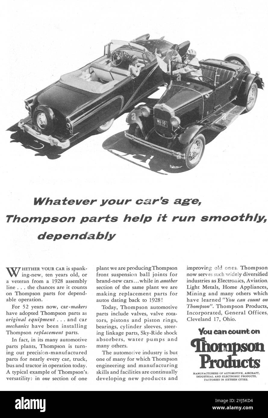 1956 Werbung für Thompson Products – Autoteile Stockfoto