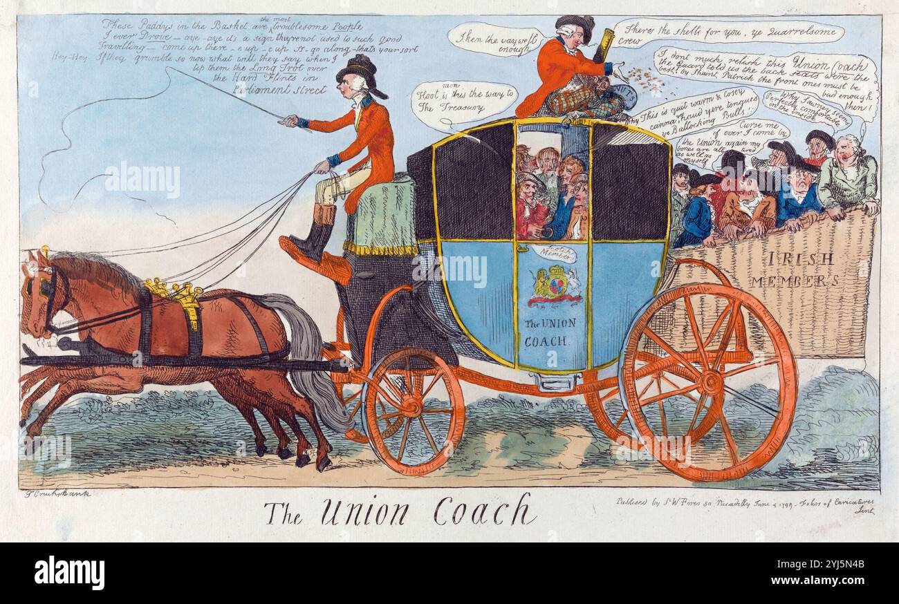 Ein lustiger humorvoller Cartoondruck farbiger Gravur der Union Coach, Aquarellgravierung auf Papier menschliche Karikaturen aus der georgischen Ära des 18. Jahrhunderts von Isaac Cruikshank antiker Vintage-Kunst-Kunstwerk satirischer Druck irische Segregation Stockfoto