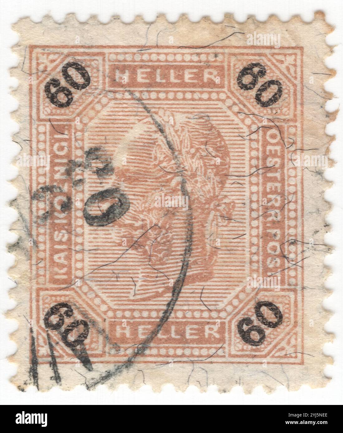 ÖSTERREICH — 18. Juni 1901: 60 heller braune Briefmarke mit Porträt des österreichischen Kaisers Franz Josef. Franz Joseph I. oder Franz Joseph I. war vom 2. Dezember 1848 bis zu seinem Tod am 21. November 1916 Kaiser von Österreich, König von Ungarn und den anderen staaten der Habsburgermonarchie. Zu Beginn seiner Regierungszeit wurden seine Reiche und Gebiete als Österreichisches Reich bezeichnet, wurden aber 1867 als Doppelmonarchie des Österreichisch-Ungarischen Reiches wiederaufgebaut. Vom 1. Mai 1850 bis zum 24. August 1866 war Franz Joseph auch Präsident des Deutschen Bundes Stockfoto