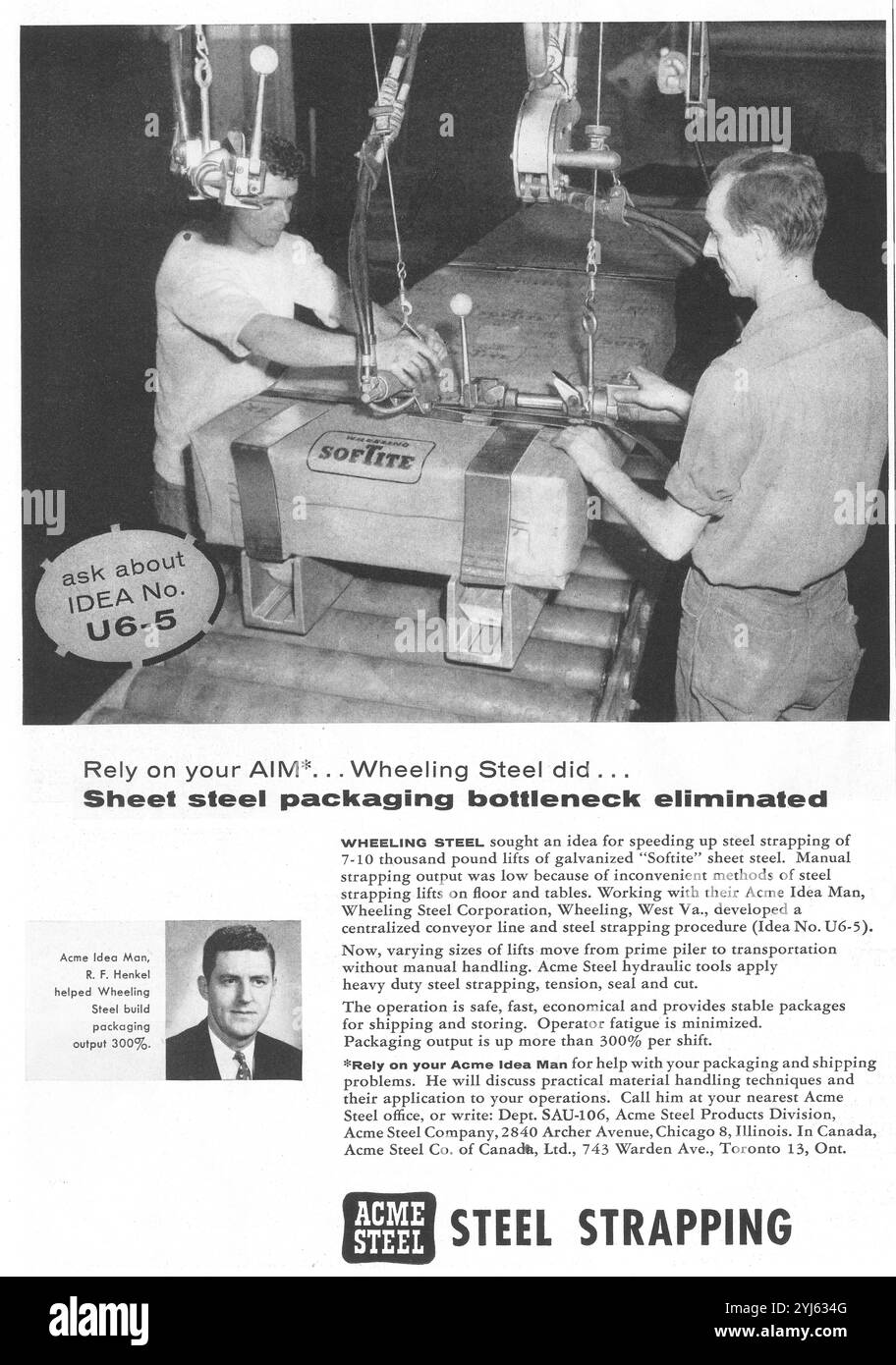 1956 ACME Stahlband-Anzeige - „Verpackungsengpass aus Stahlblech beseitigt“ - Stahlrollenband Stockfoto