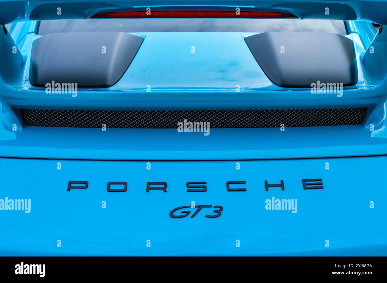 Blauer Porsche 911 GT3, Rückansicht Stockfoto