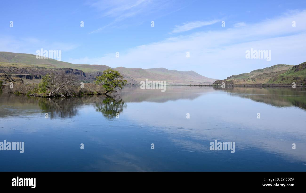 Weite, ruhige Strecke des Columbia River zwischen Washington und Oregon mit Reflexionen im Wasser Stockfoto