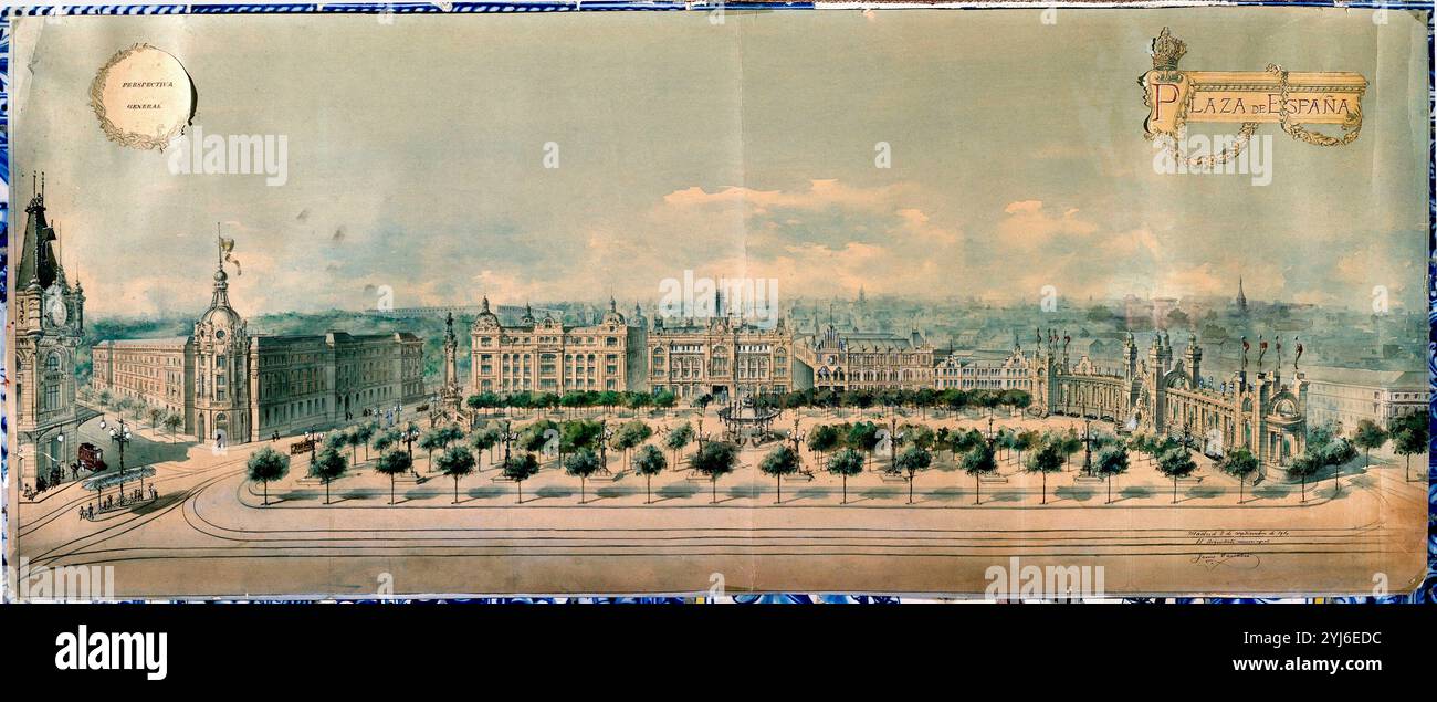 PROYECTO DE LA PLAZA DE ESPAÑA DE MADRID - 1910 - SIG 0,69-32-2. Autor: JESUS CARRASCO (1869-1957). LAGE: ARCHIVO HISTORICO DE LA VILLA. MADRID. SPANIEN. Stockfoto