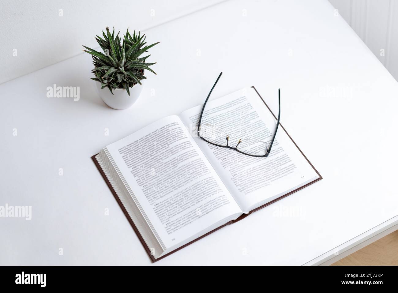 Brille auf offenem Buch mit dichtem Text, symbolisiert Lernen, Lesen und Wissenserwerb; minimalistischer Schreibtischbereich mit einer Pflanze fügt hinzu Stockfoto